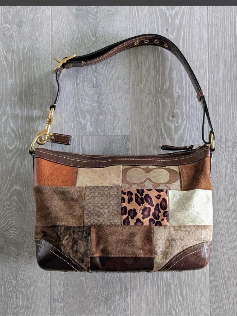 Coach Brown Multi Patchwork Shoulder Bag with Leopard Accent